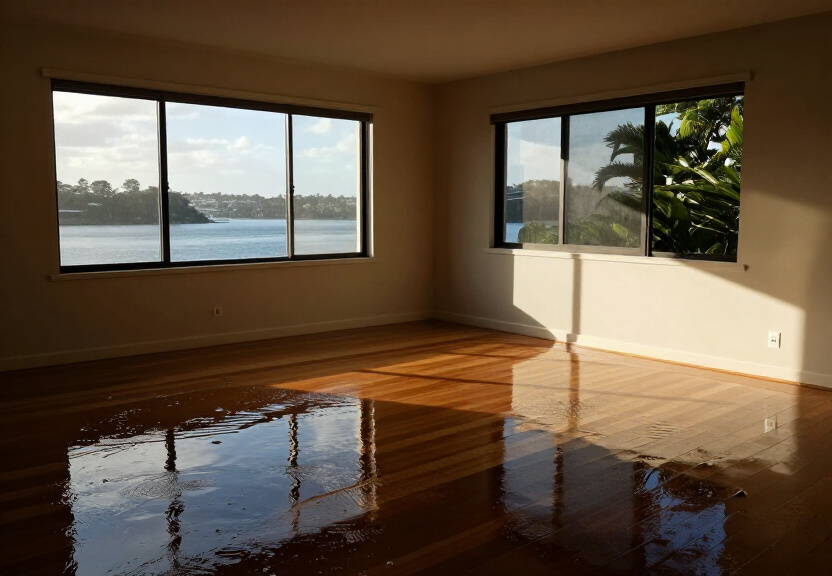 Flooded living room in Port Hacking before restoration